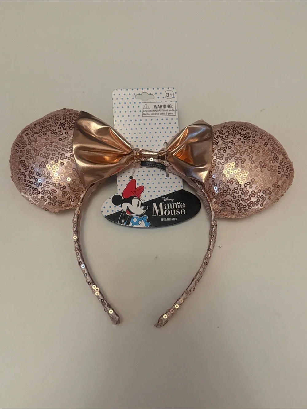 Disney Minnie Mouse Rose Gold Sequin Ear Headband with Metallic Bow